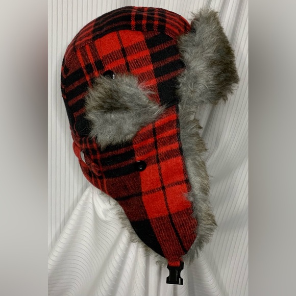 Snotek - Hunting / Aviator Hat With Faux Fur Lining And Trim Red And Black Plaid - Picture 2 of 11